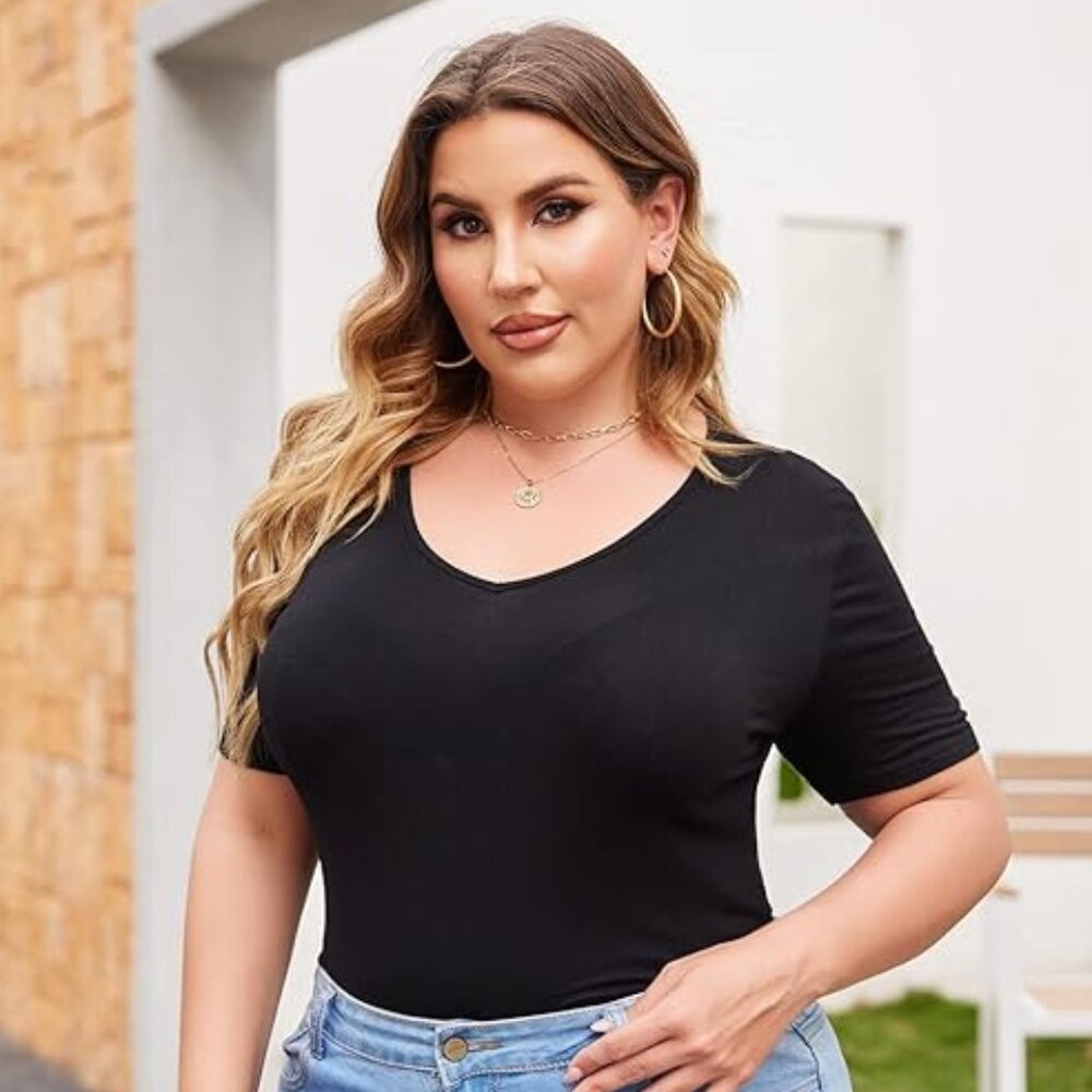 IN'VOLAND Women's Bodysuit Plus Size Short Sleeve Scoop Neck  Black 16 Plus